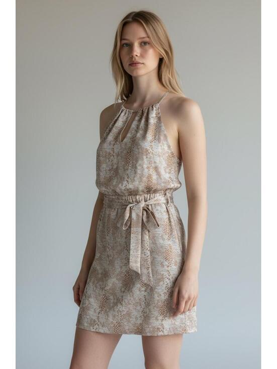 White House Black Market Dresses & Skirts - WHBM  Beige Brown Snakeskin Print Halter Tie-Waist Mini Dress Petite